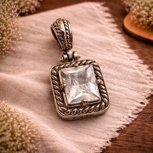Silver Tone Scrolled Square Crystal Pendant‎ Necklace Charm Marked MX